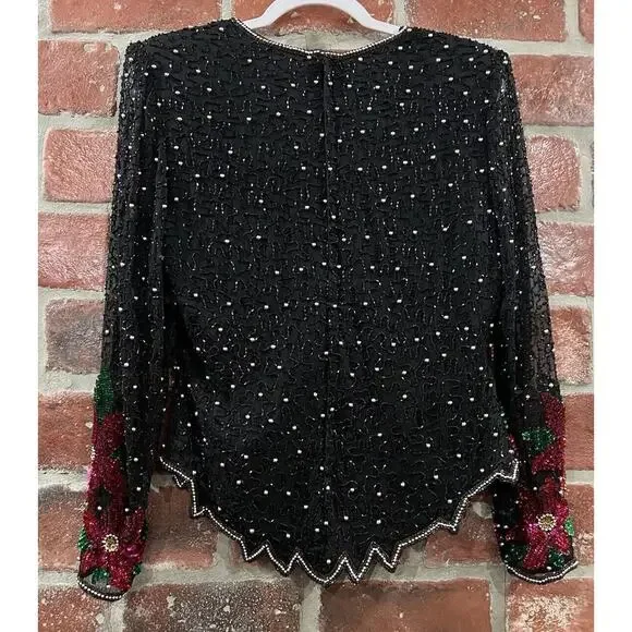 Vintage Laurence Kazar Black Beaded Silk Top Poinsettia Flowers Size Large - Picture 6 of 9